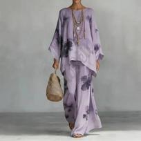 European and American Lazy Style Two-Piece Set: Loose Bat-Sleeve Top + Draped Wide-Leg Pants Casual Set for Women 3XL gray