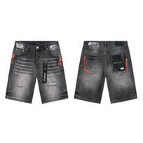 Mens Distressed Denim Shorts With Purple Rhinestone Embellishment Retro Washed Straight Fit Casual Short Pants W32 black