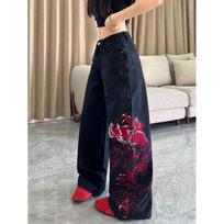 High-Waisted Black Denim Jeans Men Women Loose Straight Cut With Embroidered Dragon Motif Streetwear Hip Hop Style XL black