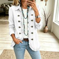 Women's Casual Double-Breasted Denim Jacket with Ruffle Hem XL