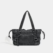 MK denim bag 2026 new retro washed denim bag crescent bag one shoulder underarm tote bag women gray