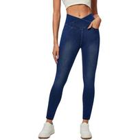 Women's High-Waist V-Waist Criss-Cross Denim Yoga Pants - Slimming, Elastic, and Perfect for Outdoor Fitness. M tamsiai mėlyna