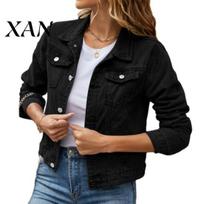 Solid Color Denim Jacket Women's Long Sleeve Cropped Jacket, Button Down Women Jeans Coat with Pockets, Fall Spring Lightweight Outerwear Retro M black