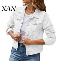 Solid Color Denim Jacket Women's Long Sleeve Cropped Jacket, Button Down Women Jeans Coat with Pockets, Fall Spring Lightweight Outerwear Retro M