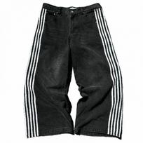 Vintage Streetwear Wide Leg Straight Cut Denim Pants With Striped Panel Design Men Casual Wear Large black