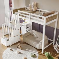 Wood bed 90x200 cm with desk and storage, in white & natural, loft bed with stairs, drawers, open hanging shelf and work area for kids' room 205 x 156.5 x 160 cm