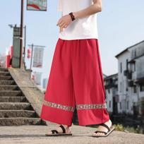 Spring Men Jacquard Embroidered Flower Pants Wide Leg Pants Women Vintage Chinese Style Bottoms Ethnic Style High Waist Trousers XL raudona