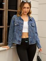 Women's Spring Pearl Button Denim Jacket - Long Sleeve Fashion Style M gray