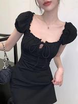 Square collar black short-sleeved dress women's summer fungus edge waist short skirt temperament slim and thin hip skirt Xl 57.5-65kg          xl 57.5-65kg gray