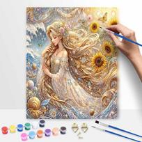 Disney Oil Painting Kit Rapunzel Sunflower, Home Decor Handmade Gift for Princess Fans, DIY Paint by Numbers Art Wall Decoration Set 40x50cm beige