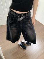 American Retro Black Denim Capri for Women - Mid-length, Loose Fit, Straight Leg, Plus Size Shorts XL (Recommended 115-130 jin) tamsiai pilka spalva