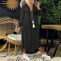 Women Denim Maxi Shirt Dress Long Sleeve Button Down Loose Fit Casual Jean Dress with Chest and Side Pockets M black