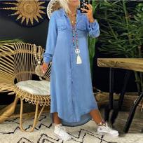 Women Denim Maxi Shirt Dress Long Sleeve Button Down Loose Fit Casual Jean Dress with Chest and Side Pockets XXL gray