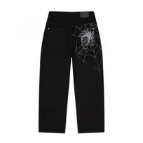 Unisex Streetwear Wide-Leg Straight Cut Denim Pants With Spiderweb Embroidery Loose Fit Mid-Rise Cotton Jeans Medium black