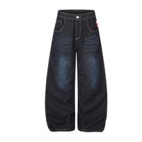 Mens Loose Straight Cut Denim Pants With Union Jack Print Streetwear Style Water Washed Cotton Jeans XL black