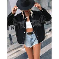 Womens Denim Jacket With Fringe Detail Loose Fit Streetwear Casual Outerwear Long Sleeve Black L
