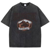 Women's and Men's Washed Cotton T-shirt Full Math Round Neck Short Sleeve Yellowstone Park Buffalo Print Top 3XL black