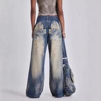 Y2K Streetwear Wide Leg Denim Pants Women Retro Wing Print Loose Fit Mid-Rise Straight Cut 2025 Medium