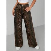 Womens Wide Leg Straight Cut Leopard Print Denim Jeans Mid-Rise Comfort Casual Style L