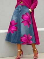 2026 European & American Fashion Faux Denim Floral Women's Half Skirt L
