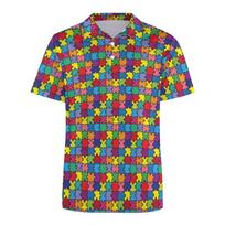 Autism Awareness Colorful Puzzle 3D Print Polo Shirt For Men Clothes Harajuku Short Sleeve Cool Street Button Lapel Tee Shirts L blue