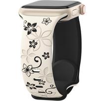 Silicone Band for Apple Watch 1/2/3/4/5/6/7/8/9/10/11/SE Ultra 1/2/3 42/44/45/46/49mm, Floral, Beige / Black white