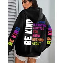 Būkite Malonūs Hoodies Moterims Raidžių Spaudiniai Žieminiai Šilti Su Gobtuvu Gatvės Kišenė Laisvi Megztiniai Laisvalaikio Universaliai Tinkančios Moteriški Drabužiai XL black
