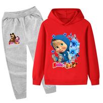 PB1346 Children Fashion Casual Girls Masha Bear Printed Long Sleeves Hoodie Trousers Sets 130cm gray