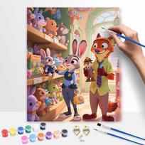 Disney Digital Oil Painting Art Kit Handmade Coloring Painting Home Decor Zootopia Police Fox Rabbit Toy Store Scene 20x30cm beige