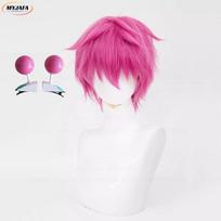 Aukštos kokybės Saiki Kusuo Cosplay perukas Rožinis trumpas karščiui atsparus sintetinis plaukas Anime vaidmenų žaidimų perukai + Peruko kepuraitė (as the picture,One Size) pink