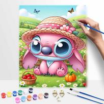 Disney digital oil painting Angel Stitch with straw hat and strawberry basket art handmade diy home decorations 30x40cm