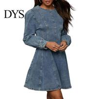 Women Elegant Dress with Wide Hem Women's Denim Long Sleeve Bodycon Mini Jean Patchwork Waist Casual Ruffle for Daily Vacation Work Loose Fashion M mėlyna