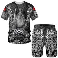 Vikingas tatuiruotės varnas 3D spausdinimas Vyriški marškinėliai, laisvalaikio kostiumas trumpomis rankovėmis Retro stiliaus marškinėliai Šortai Harajuku vasaros dviejų dalių rinkinys XXXL gray