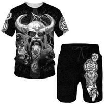 Vikingas tatuiruotės varnas 3D spausdinimas Vyriški marškinėliai, laisvalaikio kostiumas trumpomis rankovėmis Retro stiliaus marškinėliai Šortai Harajuku vasaros dviejų dalių rinkinys 4XL gray