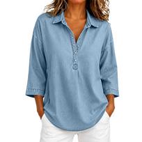 Women's Loose Fit Denim- Button Top with Three-Quarter Sleeves for Casual Everyday Wear S gray