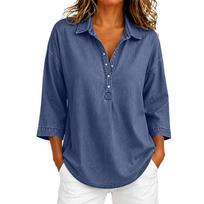 Women's Loose Fit Denim- Button Top with Three-Quarter Sleeves for Casual Everyday Wear L