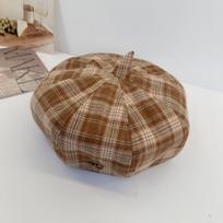 Plaid retro beret women's new British style versatile face small octagonal hat literary newsboy painter hat 54-58 gray
