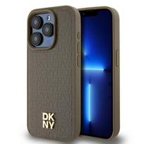 DKNY DKHMP14LPSHRPSW iPhone 14 Pro 6.1" brown hard case with leather pattern, metal logo, and MagSafe compatibility