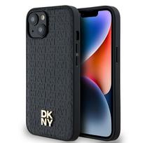 DKNY DKHMP14SPSHRPSK iPhone 14/15/13 black hard case with leather monogram pattern, metal logo, and MagSafe compatibility