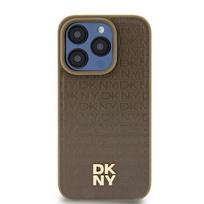 DKNY DKHMP14SPSHRPSW iPhone 14 / 15 / 13 6.1" brown hard case with leather pattern, metal logo, and MagSafe compatibility