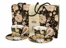 Espresso puodelių rinkinys "english Roses Black" su lėkštutėmis, 2 vnt.