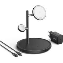 Anker belaidžio įkrovimo stotis MagGo B25M3312, 15W, 3-in-1 stovas, USB-C kabelis, įkroviklis, Qi2, juoda