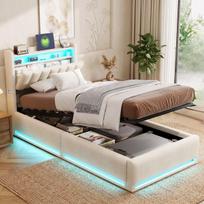 Lova 90x200cm, LED ir USB, lova su daiktadėže ir galvūgaliu, apmušta lova su grotelių pagrindu, aksominė, smėlio spalvos