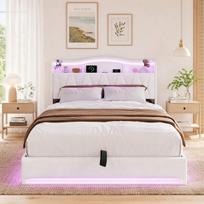 Lova 140×200 cm - LED ir USB - Galvūgalis su lentyna - Lova su daiktadėže - Aksominė - Balta