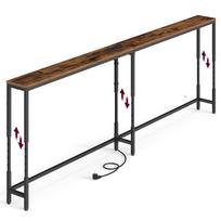 Konsolinis stalas reguliuojamo aukščio su elektros lizdu, rustikinės rudos ir matinės juodos spalvos, 200 × 15 × 64–89,4 cm