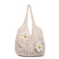 Fashion Lazy Wind Personality Compilation Flowers Contrasting Colors Hollow Women's Tote Bag Beach Vacation Shoulder Bag Women chaki