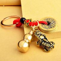 Retro Brass Pixiu Keychain with Zodiac Hollow Gourd Design for Wealth Attraction Without Cinnabar multi