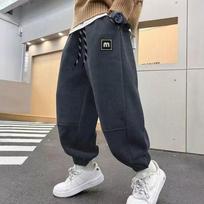 Žieminiai berniukų šilti kelnės iš avies vilnos, vaikų madingi su raidėmis, stori pliušiniai sportiniai kelnės, paaugliams, paminkštintos laisvalaikio kelnės, 5-14 metų 160 pilka