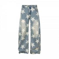 Unisex Relaxed Straight Leg Denim Jeans With Star Print Washed Effect Streetwear Wide Trousers 3XL gray