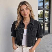 Women's Short Sleeve Denim Jacket with Puff Sleeves and Lapel Collar, Single-Breasted, Pockets XL black